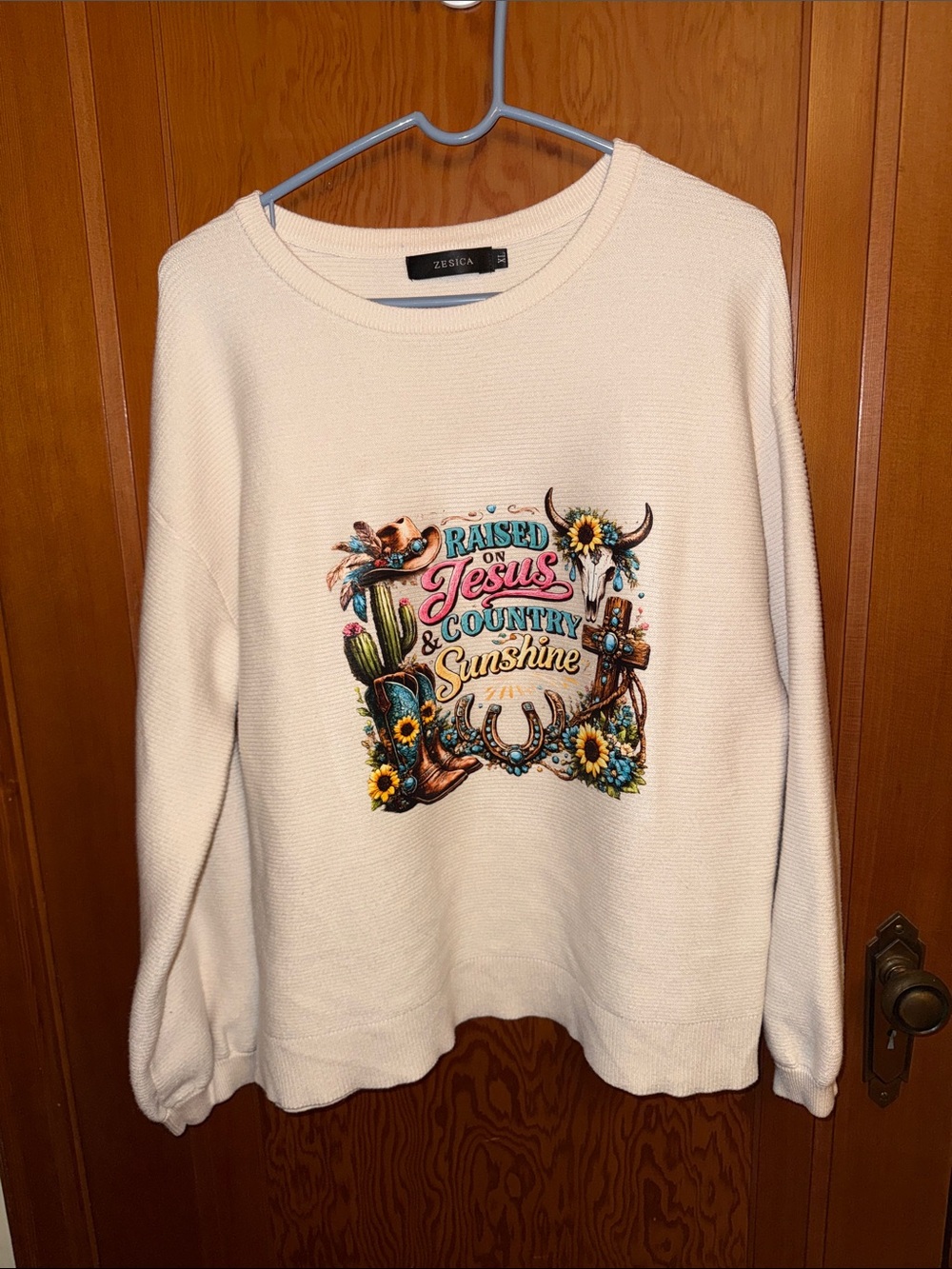 Zesica Cream Graphic Crewneck Sweater - Raised on Jesus & Country Sunshine